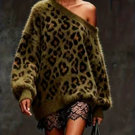 Swetry damskie - TEMU Retro kardigan ze sztucznego w panterkę Odkryte ramiona, styl casual na jesień-zimę - miniaturka - grafika 1