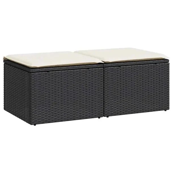 Zestaw Wypoczynkowy Rattan PE Czarny, Stołki 55x55x37 cm, Poduszki Kremowe