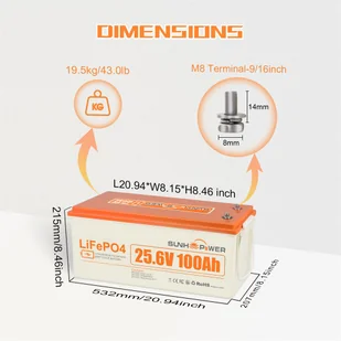 Bateria LiFePO4 SUNHOOPOWER 24V 100Ah, 2560Wh energii, wbudowany BMS 100A, maks. moc obciążenia 2560W - Baterie do zasilaczy awaryjnych UPS - miniaturka - grafika 2