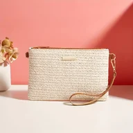 Inne - TEMU Moda damska Beżowy tkany clutch, jednokolorowa torba z tkaniny z ozdobnymi sztucznymi koralikami, motyw miejski, zapięcie na zamek, podszewka z - miniaturka - grafika 1