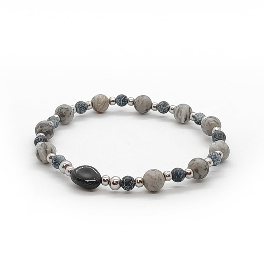 Bransoletka kamienie Turmalin, Jaspis, Agat i Stal chir. - 15,5cm KAM534