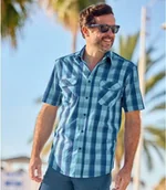 Moda i Uroda OUTLET - Koszula w kratę ze stretchem Summer Mężczyzna Atlas For Men - Kolor : Niebieski - Rozmiar : L - miniaturka - grafika 1