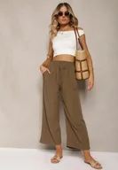 Spodnie damskie - Brązowe Spodnie z Bawełny Typu Palazzo z Gumką w Talii Fieana - miniaturka - grafika 1