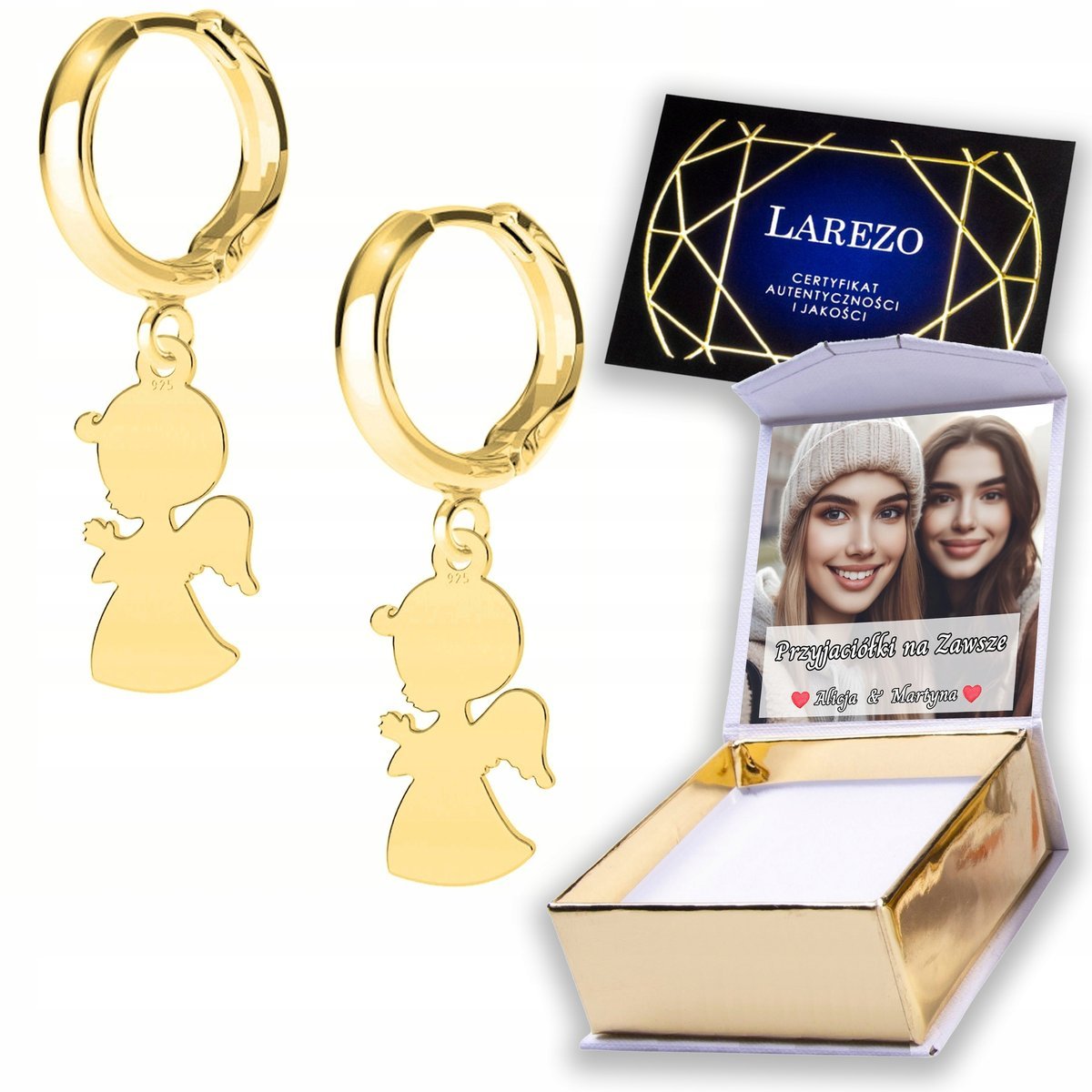 Złote Kolczyki 925 Anioły Chłopiec Aniołki Angel Anioł Stróż NADRUK