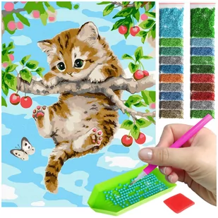 Haft Diamentowy ARTULIO, Obraz DIY 5D, Diamond Painting, Mozaika Diamentowa 30X40cm (Kotek zwisający z gałęzi) + Zestaw Akcesoriów - Zabawki kreatywne - miniaturka - grafika 1