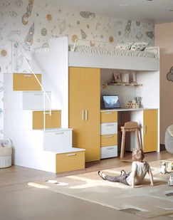 Zestaw wielofunkcyjny Raj 4 – z biurkiem, szafą, schodkami z funkcją szuflad oraz łóżkiem ze stelażem i materacem, żółty curry - Krzesełka i taborety dla dzieci - miniaturka - grafika 1