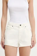 Spodnie sportowe damskie - Guess Jeans szorty jeansowe damskie kolor beżowy gładkie high waist W5GD0Y D5M62 - miniaturka - grafika 1