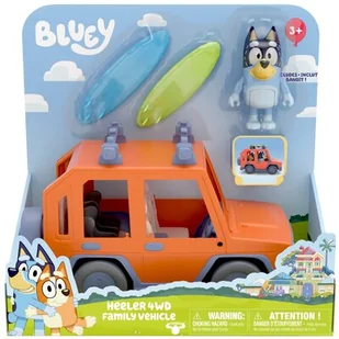 Bluey Bluey Heeler Family 4WD zestaw do zabawy pojazdu: Oficjalny samochód kolekcjonerski, w tym 2,5 cala bandyta przegubowa figurka akcji, bagażnik na deskę surfingową, 2 deski surfingowe i zestaw naklejek 13018 - Figurki dla dzieci - miniaturka - grafika 1