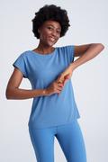 Koszulki i topy damskie - Niebieska koszulka z tkaninową wstawką - Greenpoint - miniaturka - grafika 1
