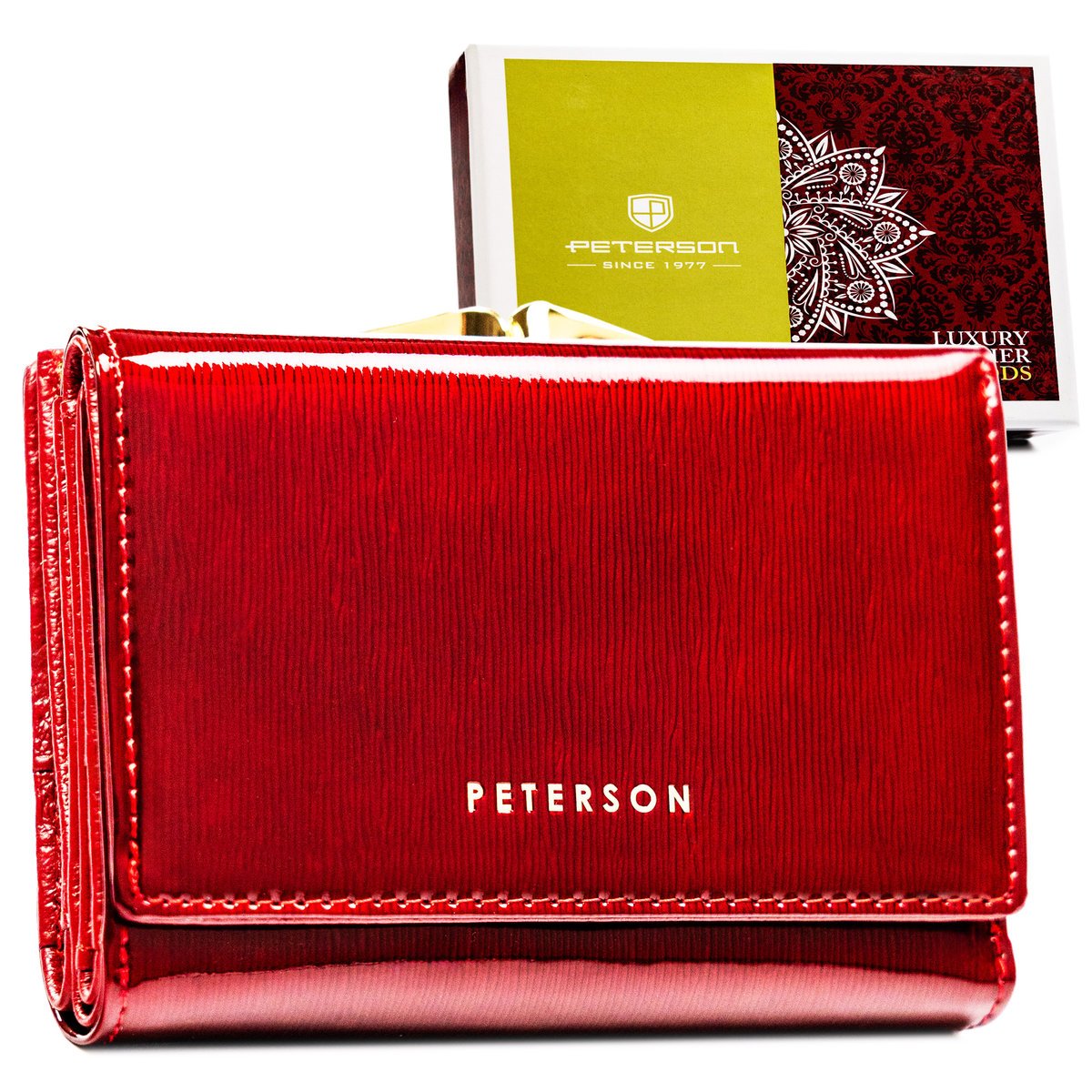 Portmonetka na zatrzask i bigiel PETERSON portfel damski skórzany mały na karty elegancki lakierowany czerwony