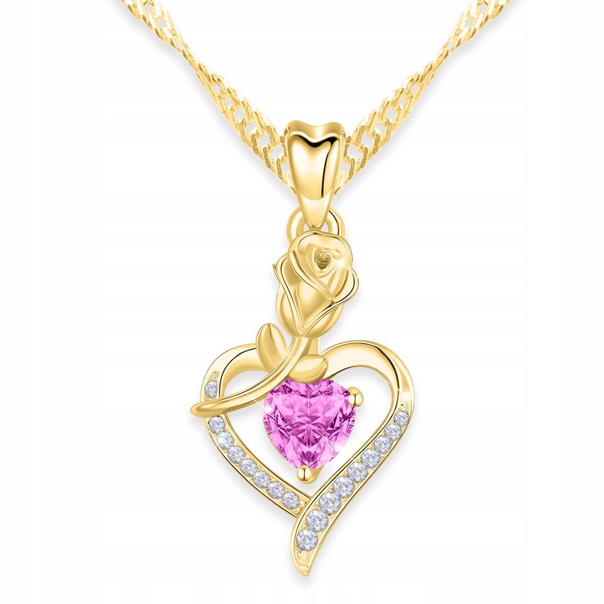 Złoty Naszyjnik Róża Kryształowe Serce z Kwiatem Cyrkoniami SREBRO 925