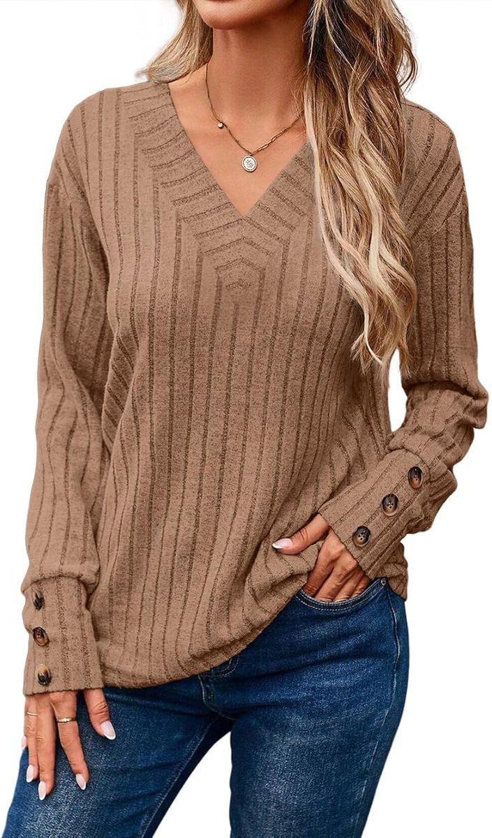 Dokotoo Sweter Damski z Długim Rękawem Dekolt w Serek Elegancki Brązowy M