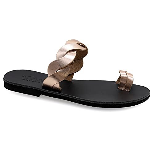 40 Różowe Złoto Emmanuela Greckie Handmade Płaskie Skórzane Sandały z Pleciony Pasek, Wysokiej Jakości Summer Buty dla kobiet, Sandały ślizgowe Pierścień Toen, Sandały Boho