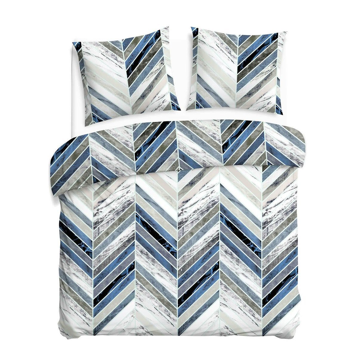 Pościel 220x200 biała niebiesko-szara w geometryczną jodełkę – CottonLove