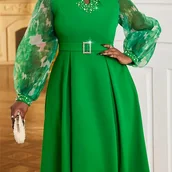 Inne - TEMU Elegancka Zielona Sukienka Midi z Okrągłym Dekoltem z Koralikami i Latarniowymi Rękawami - Szykowny Wzór Tie-Dye, Poliester, Możliwość Prania w - miniaturka - grafika 1