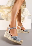 Sandały damskie - Niebieskie Sandały na Koturnie Ozdobione Plecionką Zapinane na Sprzączkę Waldoni - miniaturka - grafika 1