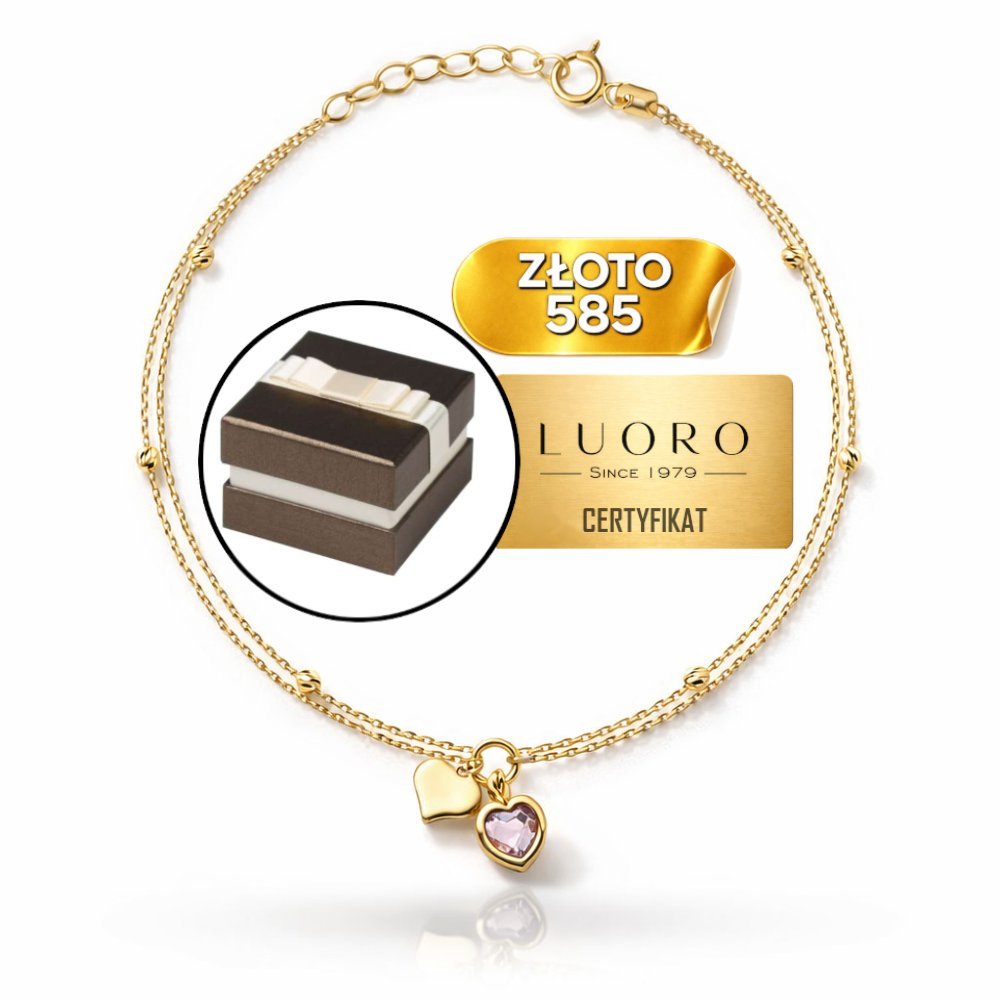 BRANSOLETKA ZŁOTA 585 14K SERCE Z KAMIENIEM PODWÓJNY ŁAŃCUSZEK 17 CM
