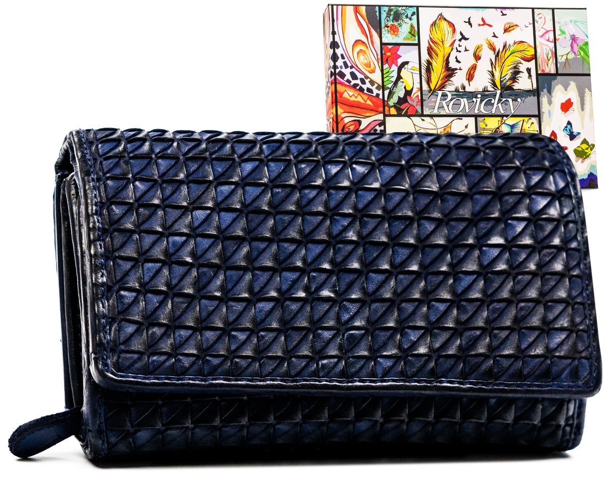 Elegancki granatowy portfel damski ze skóry naturalnej ROVICKY średni na karty klasyczny prezent antykradzieżowy RFID STOP