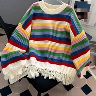 Swetry damskie - TEMU Europejsko-Amerykańska Kolorowa Sweter z Frędzlami w Tęczowe Paski na Jesień-Zimę, Wygodna Kurtka Zewnętrzna, Średnio Elastyczny Materiał - miniaturka - grafika 1