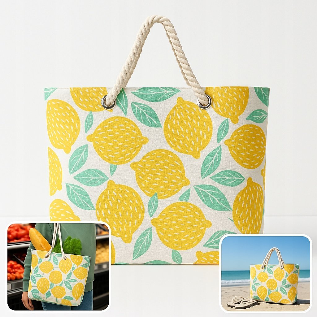 TORBA PLAŻOWA CYTRYNKI W PASKI ZAPINANA MIEJSKA SHOPPER NA ZAKUPY PLAŻĘ