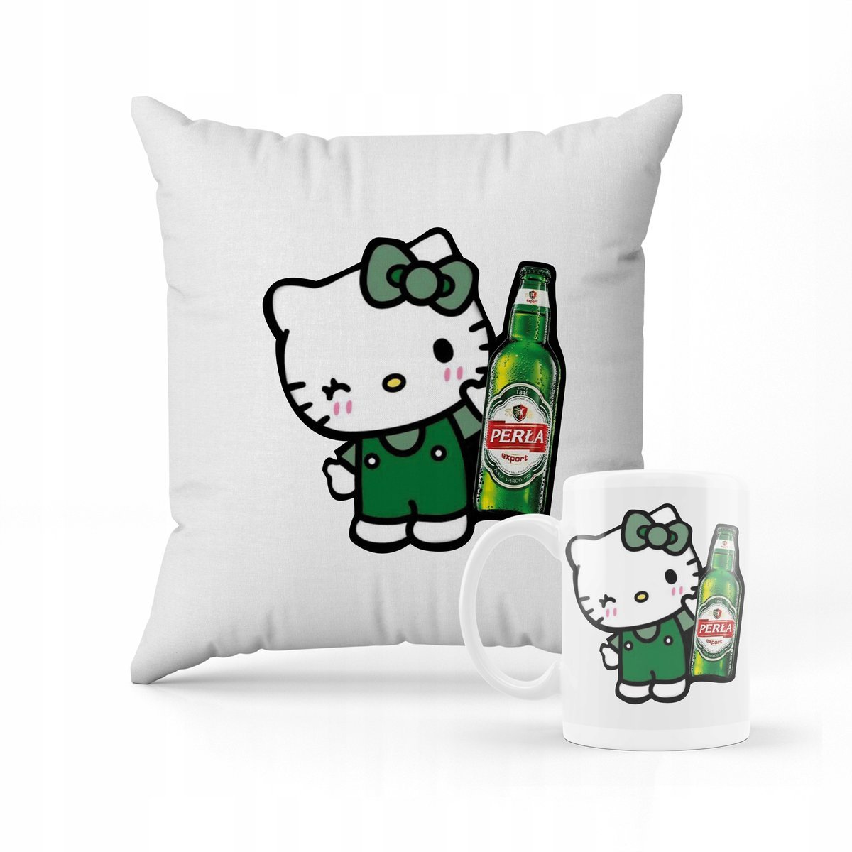 ZESTAW PODUSZKA + KUBEK PREZENT PERŁA PIWO MEM HELLO KITTY #26