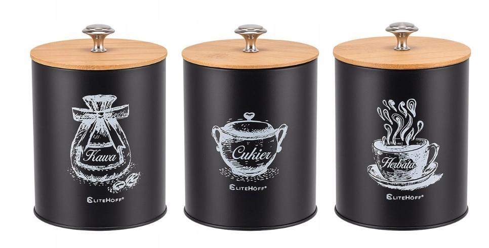 Pojemniki Kawa Herbata Cukier Zestaw Komplet 3szt Czarne