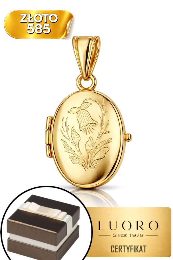 ZAWIESZKA PUZDERKO ZŁOTA 585 14K OVAL GRAWER KWIATEK DELIKATNA 3 CM