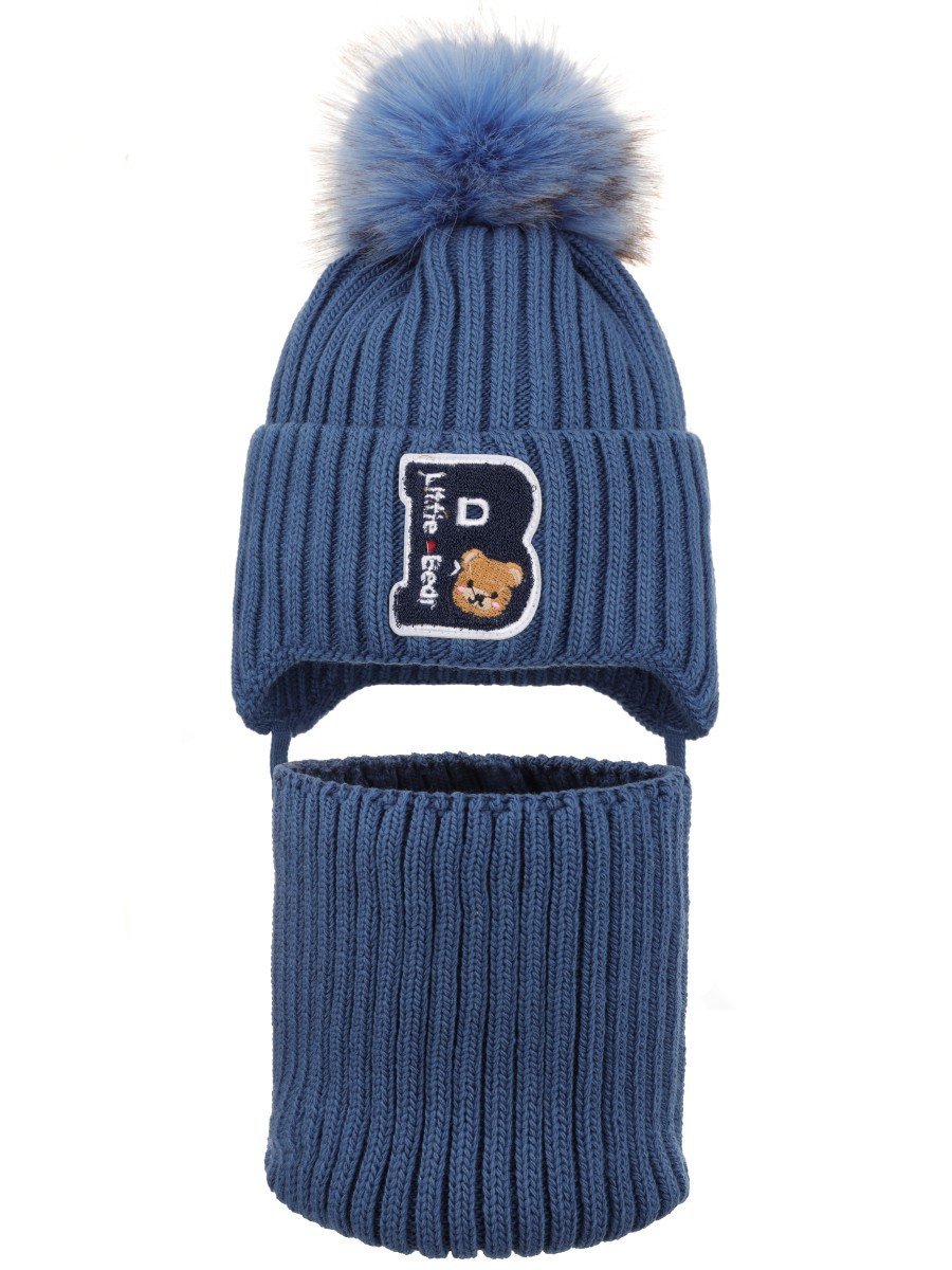 Chłopięcy komplet zimowy czapka uszatka i komin niebieski Ambra r.46/48