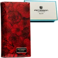 Portfele - Czerwony portfel damski w kwiaty na magnes i suwak PETRSON lakierowany duży pionowy rozbudowany na karty skóra naturalna i ekologiczna pudełko preze.. - miniaturka - grafika 1