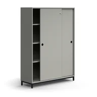 Szafy biurowe - Zamykana szafa przesuwna QBUS, 3 półki, nóżki, uchwyty, 1636x1200x400 mm, czarny, jasnoszary - miniaturka - grafika 1