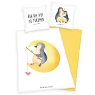 Pościel dla dzieci - Herding Pościel bawełniana 140x200 Pingwin Mr& Mrs Panda biała żółta poszewka 70x90 H23 - miniaturka - grafika 1