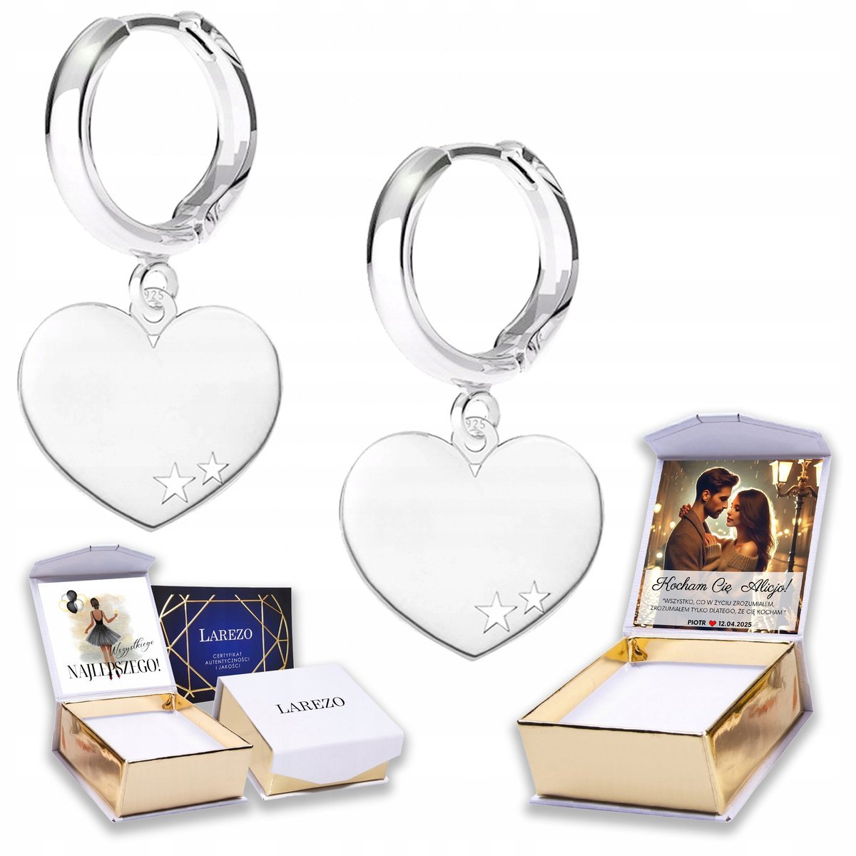 Kolczyki Srebrne 925 Blaszka z Sercem Serduszkiem Serduszka Bigle NADRUK