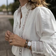 Koszule damskie - TEMU Elegancka bluzka damska z długim rękawem i koronkowym wykończeniem - jednokolorowa, z wyciętym dekoltem, z jednym przepaskiem, regularna długość - miniaturka - grafika 1