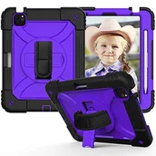 Etui do tabletów - Etui kompatybilne z iPadem Air 5./4. generacji 2022/2020, 10,9", odporne na uderzenia etui ochronne z uchwytem na długopis, obracany o 360° pasek na ramię (czarny + fioletowy) - miniaturka - grafika 1