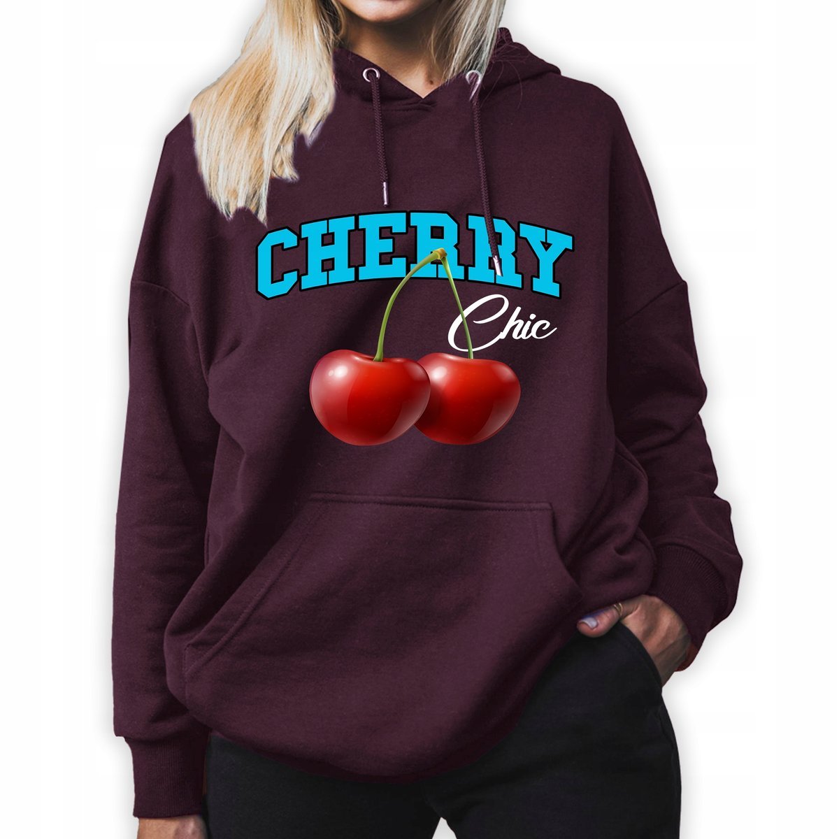 Bluza Z Kapturem Burgundowa CHERRY Młodzieżowe Trendy Styl Wzory Rozmiar L