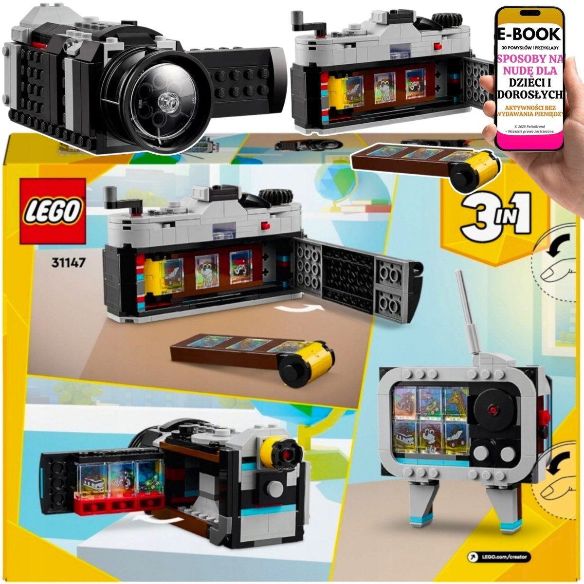 CREATOR 3w1 LEGO® 31147 Aparat Retro – Wyjątkowy PREZENT LEGO DLA DZIECKA - Zbuduj aparat, kamerę i telewizor + EBOOK-3