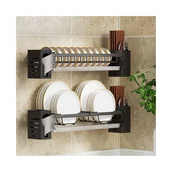 Zawiasy, okucia i inne akcesoria - Zestaw 2 półek ściennych bez wiercenia na miski i talerze - Czarna stalowa suszarka do naczyń, pojemność 10 misek, 44 x 15 x 6 cm - miniaturka - grafika 1