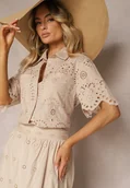 Koszule damskie - Jasnobeżowa Bawełniana Koszula z Haftowanej Tkaniny Zapinana na Guziki z Kieszeniami Tesanora - miniaturka - grafika 1