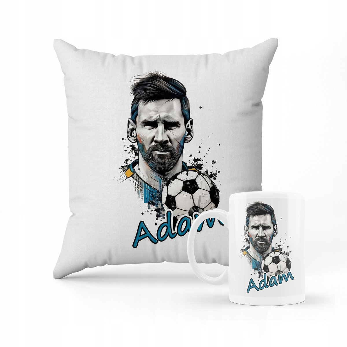 ZESTAW PODUSZKA + KUBEK Prezent Messi piłka + IMIĘ