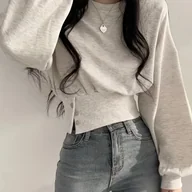 Bluzki damskie - TEMU Elegancka bluzka damska z okrągłym dekoltem i guzikami, wykonana z mieszanki poliestru (95% poliester, 5% elastan), z długim rękawem, - miniaturka - grafika 1