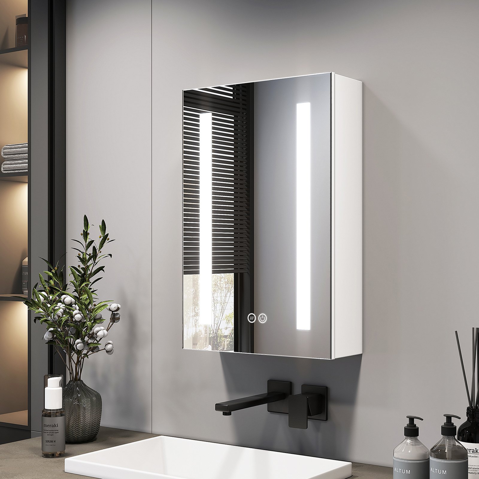 Szafka z lustrem EMKE z oświetleniem LED 400 x 600 x 145 mm z funkcją przeciwmgielną i 3 ściemnianymi kolorami światła, 1-drzwiowa szafka łazienkowa z gniazdem i przełącznikiem dotykowym
