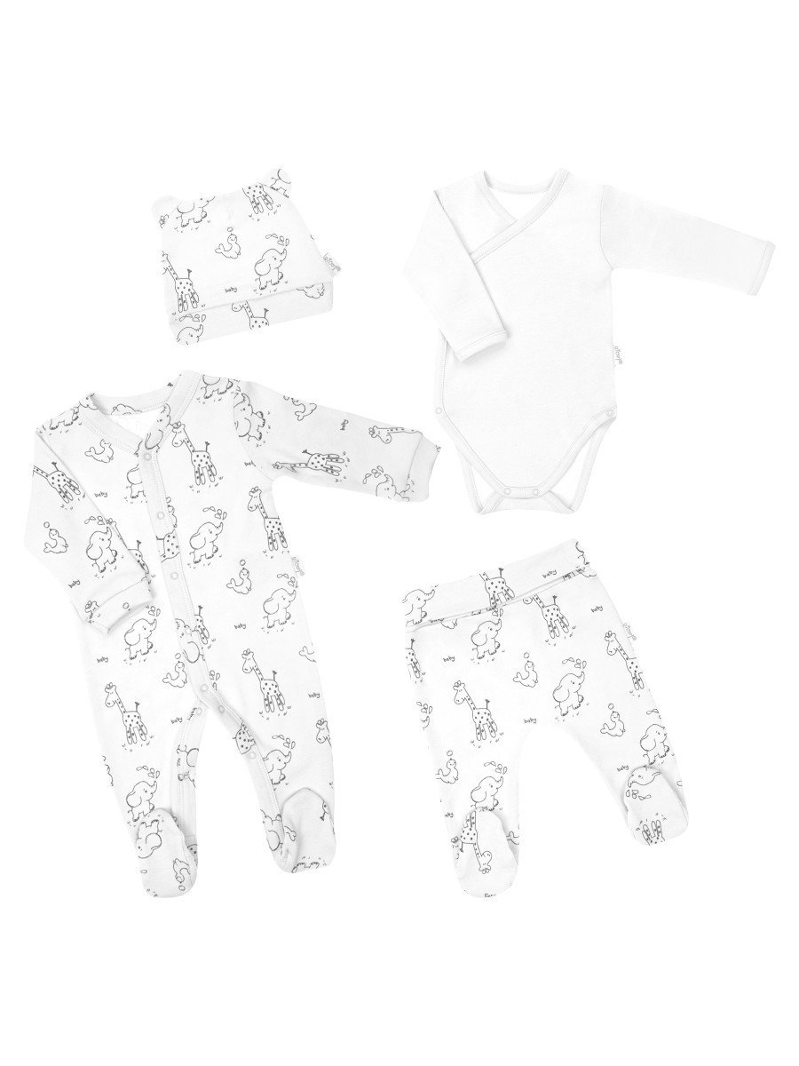Niemowlęca wyprawka 4-pak biała, pajacyk, body, spodenki i czapka w zwierzęta biały Nicol r.56