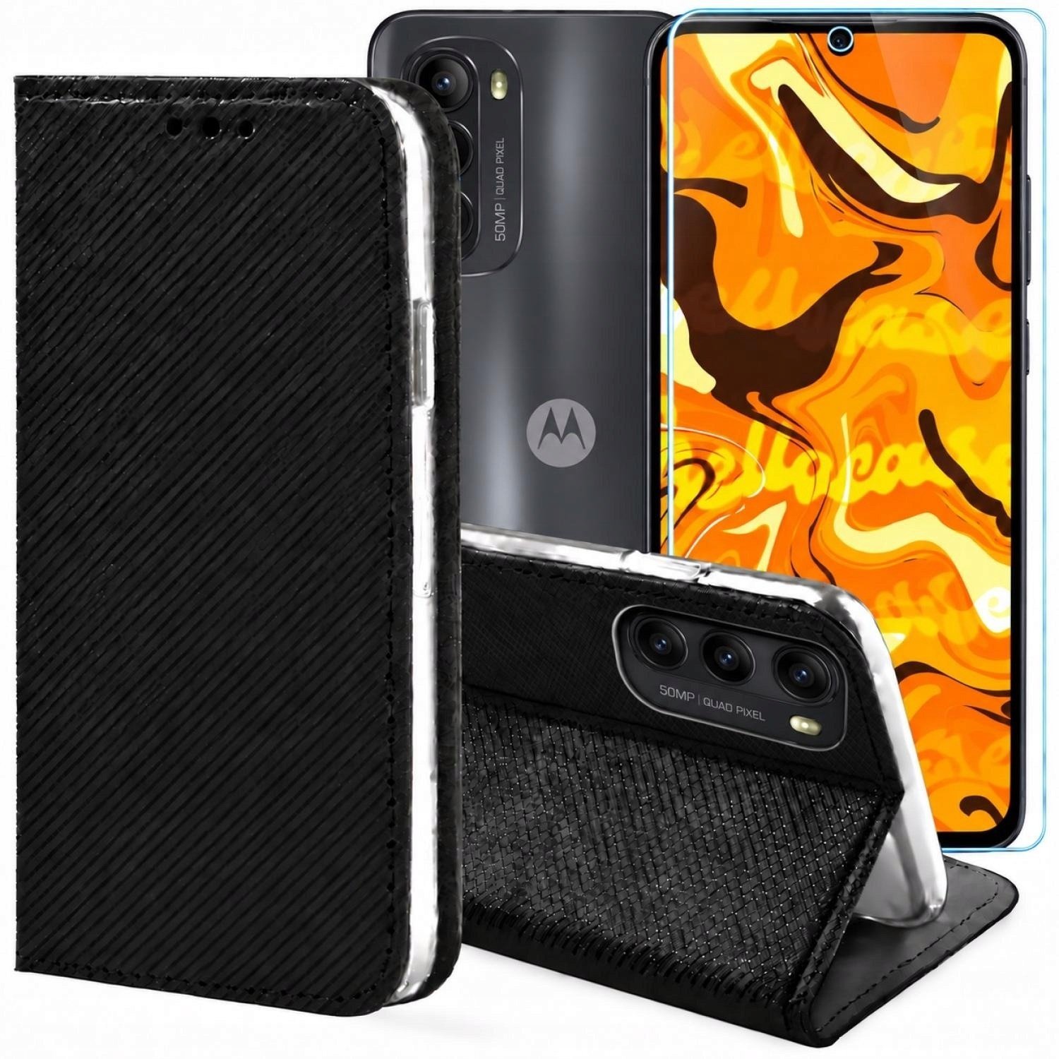 Hello Case Etui z Klapką Do Motorola Moto G52 Czarne, Zamykane, Magnetyczne Szkło BNDL1196