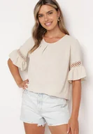 Bluzki damskie - Beżowa Bluzka o Luźnym Kroju z Koronkowymi Wstawkami na Rękawach Lennera - miniaturka - grafika 1