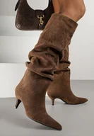 Kozaki damskie - Brązowe Kozaki na Kaczuszce z Marszczoną Cholewką Alavitte - miniaturka - grafika 1