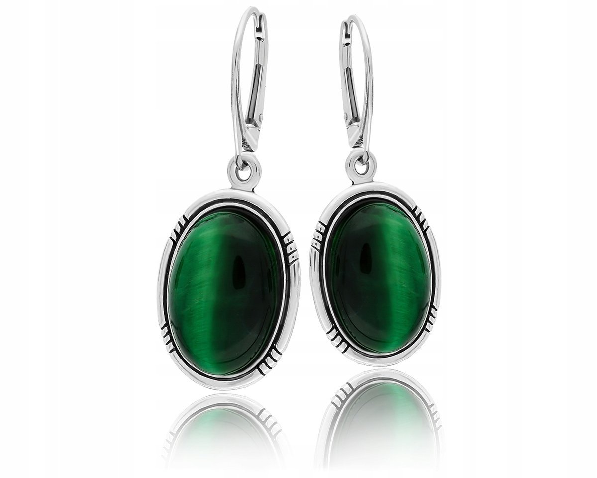 Kolczyki Srebrne Wiszące Naturalne Tygrysie Oko Zielone Owalne Damskie 925