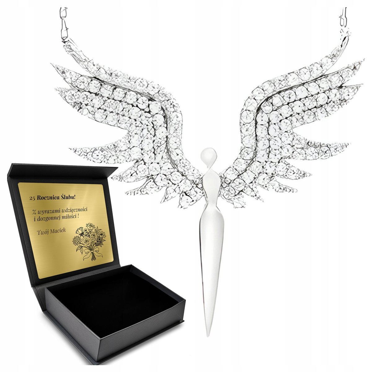 Łańcuszek Naszyjnik Srebrny Z Cyrkoniami Anioł Ze Skrzydłami Grawer