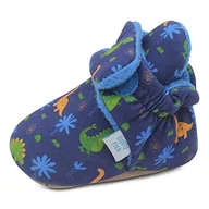Skarpetki dla dzieci - Dotty Fish Bawełniane buciki dziecięce z zamszową podeszwą, ciepła podszewka polarowa, regulowane, antypoślizgowe buty wstępne, unisex, rozmiary 0-24 miesięcy, Granatowy z dinozaurami, 18-24 Miesiące - miniaturka - grafika 1