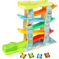 Zabawki interaktywne dla dzieci - Drewniany Parking tor zjeżdżalnia dla samochodów autka 4x - miniaturka - grafika 1