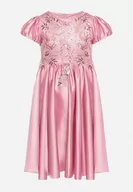 Sukienki i spódniczki dla dziewczynek - Ciemnoróżowa Rozkloszowana Sukienka z Bufiastymi Rękawami Zdobiona Siateczką z Cekinami Tiamasi - miniaturka - grafika 1